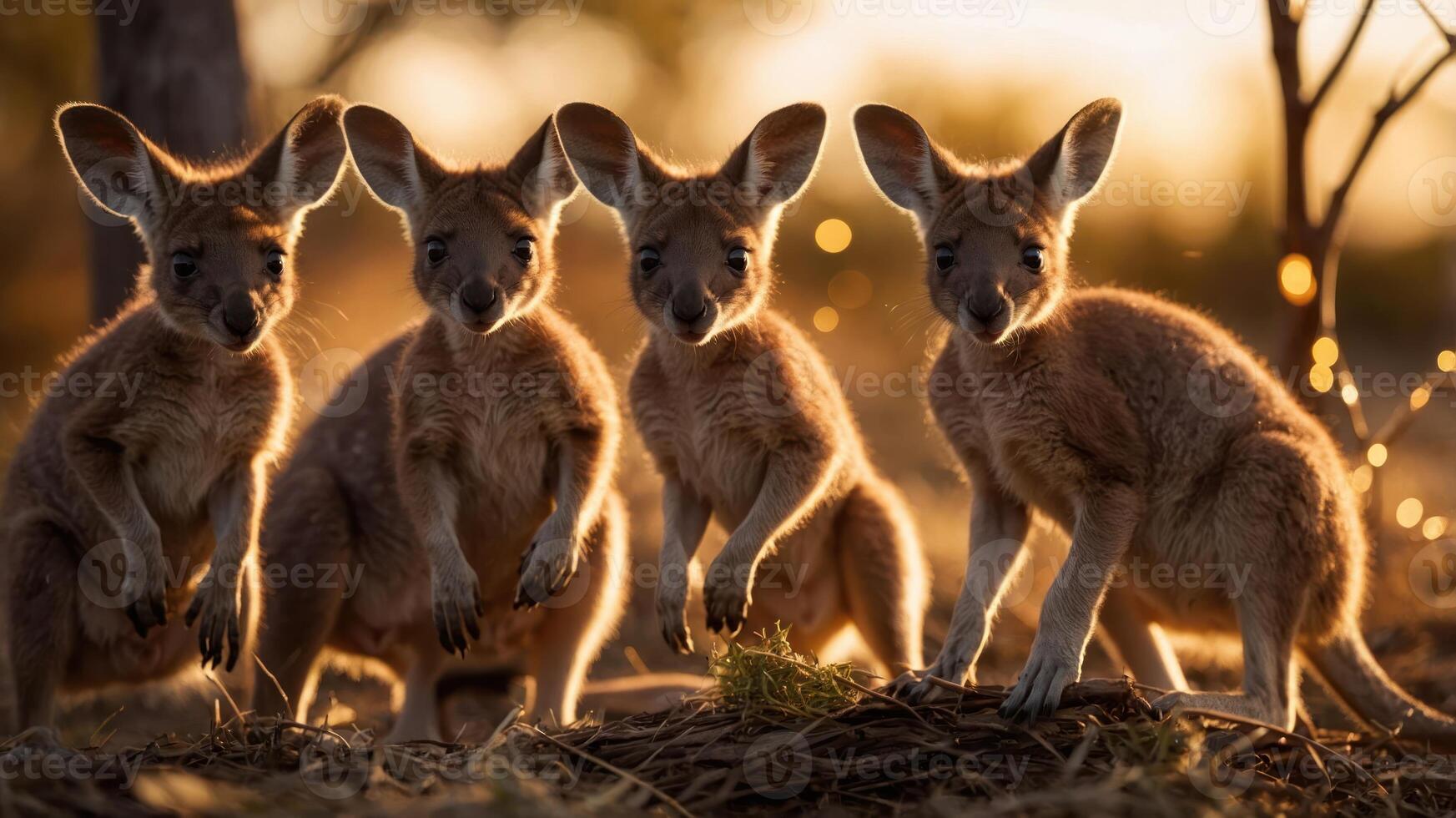 Four kangaroos playfully posed against a glowing sunset backdrop. photo