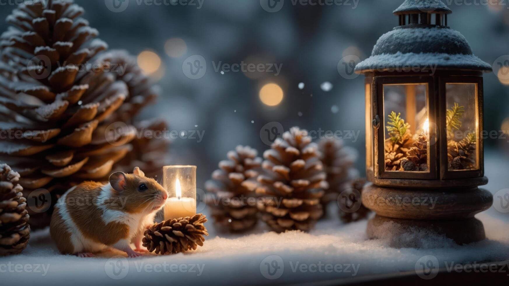 A cozy winter scene featuring a hamster beside a candle and pinecones in the snow. photo