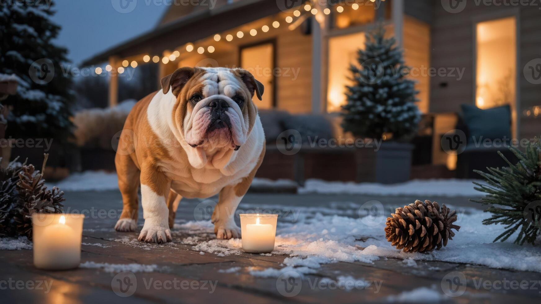 A bulldog stands outside a cozy home decorated for winter, surrounded by candles and pinecones. photo
