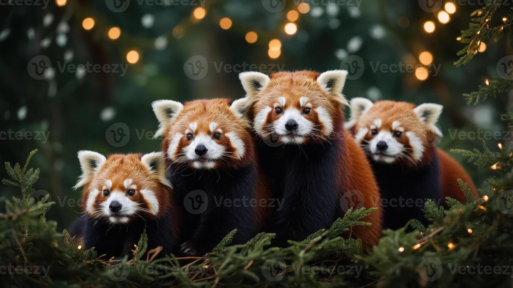 Four red pandas sitting together amidst greenery and lights. photo