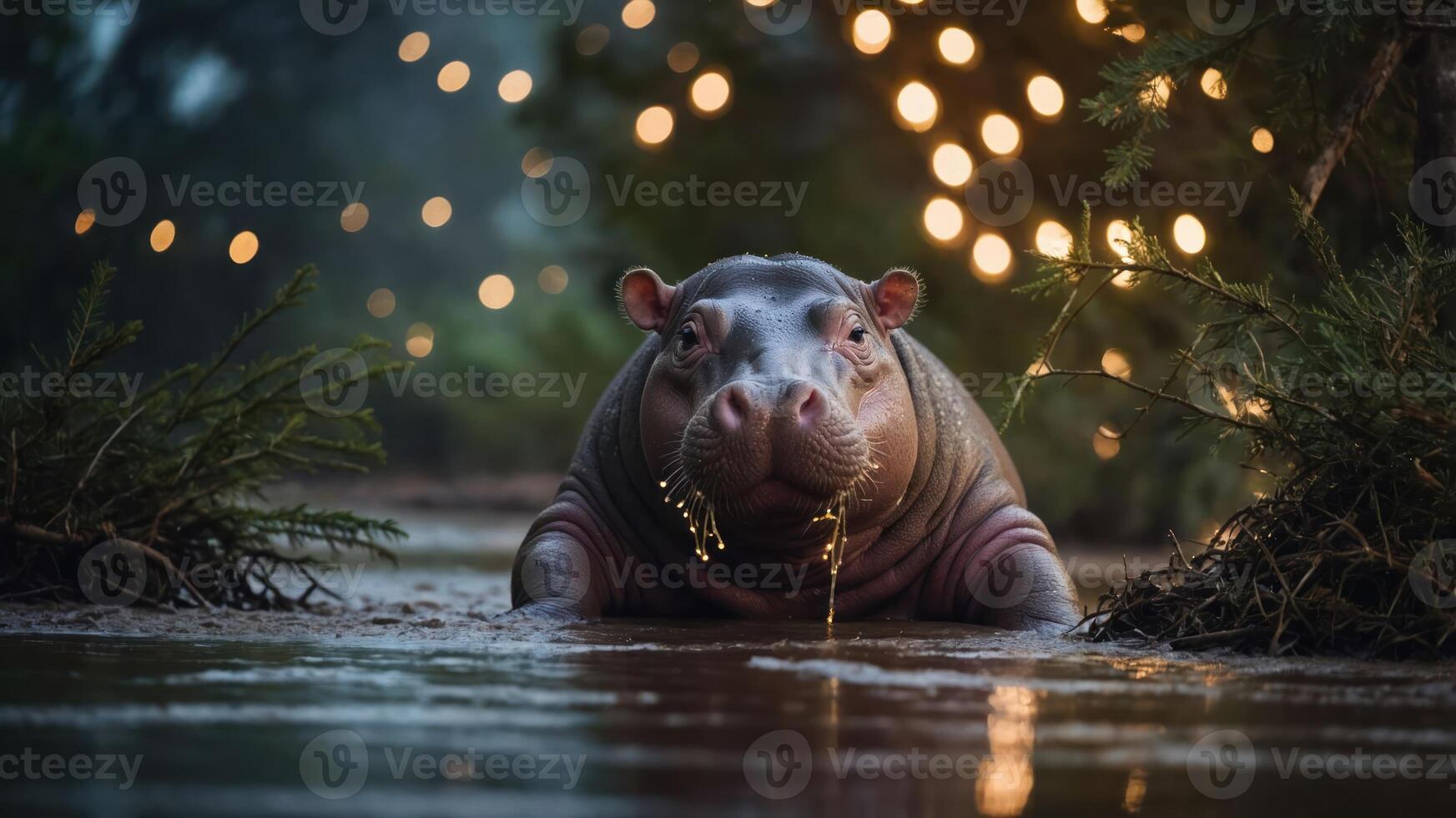 A hippo emerges from the water, surrounded by greenery and soft lights in a serene setting. photo