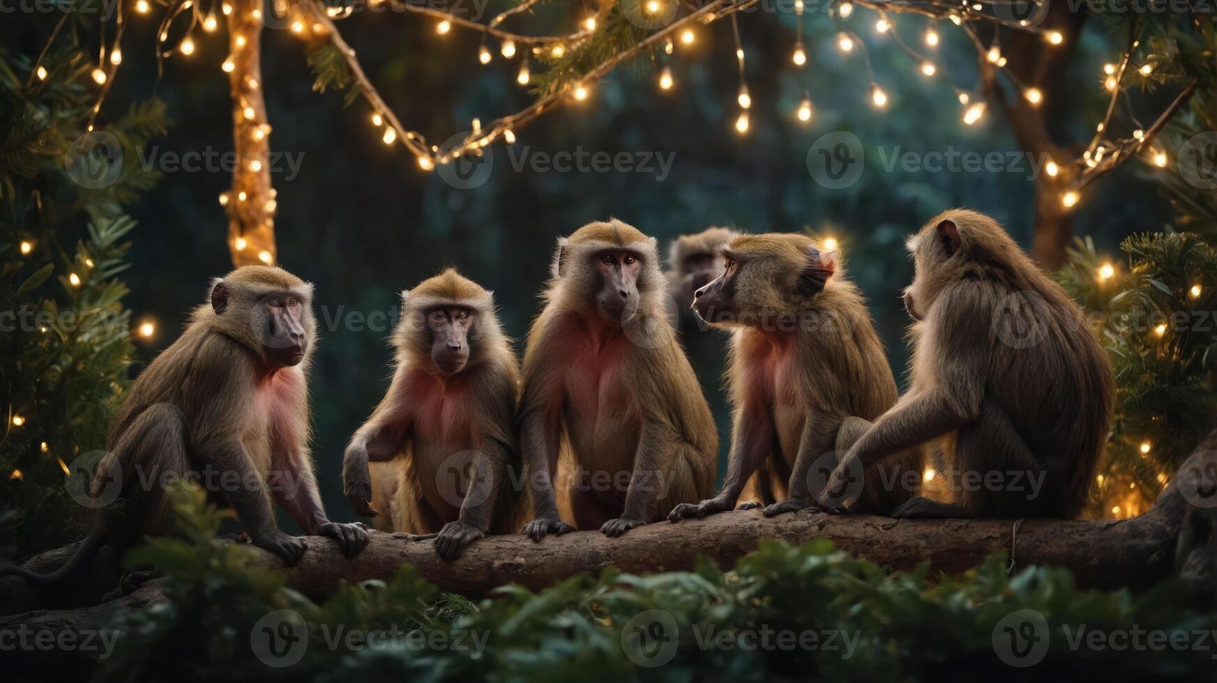 A group of baboons gathered on a log, illuminated by twinkling lights in a serene setting. photo