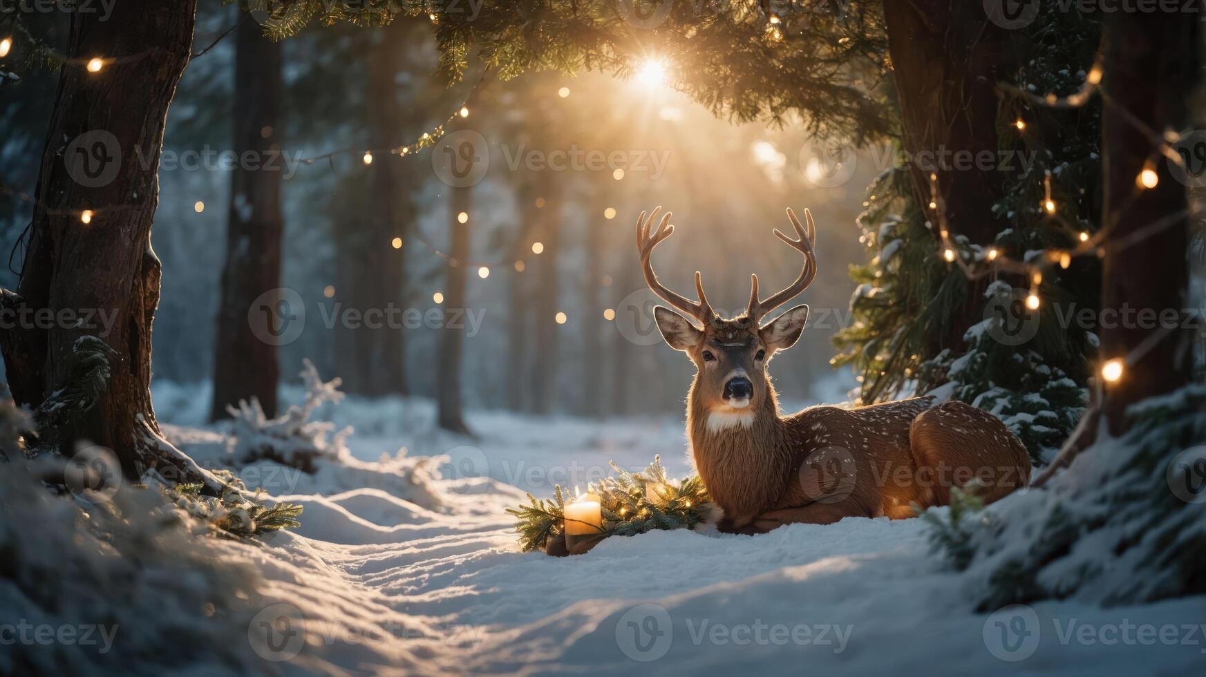 A serene winter scene featuring a deer amidst snow-covered trees and soft glowing lights. photo