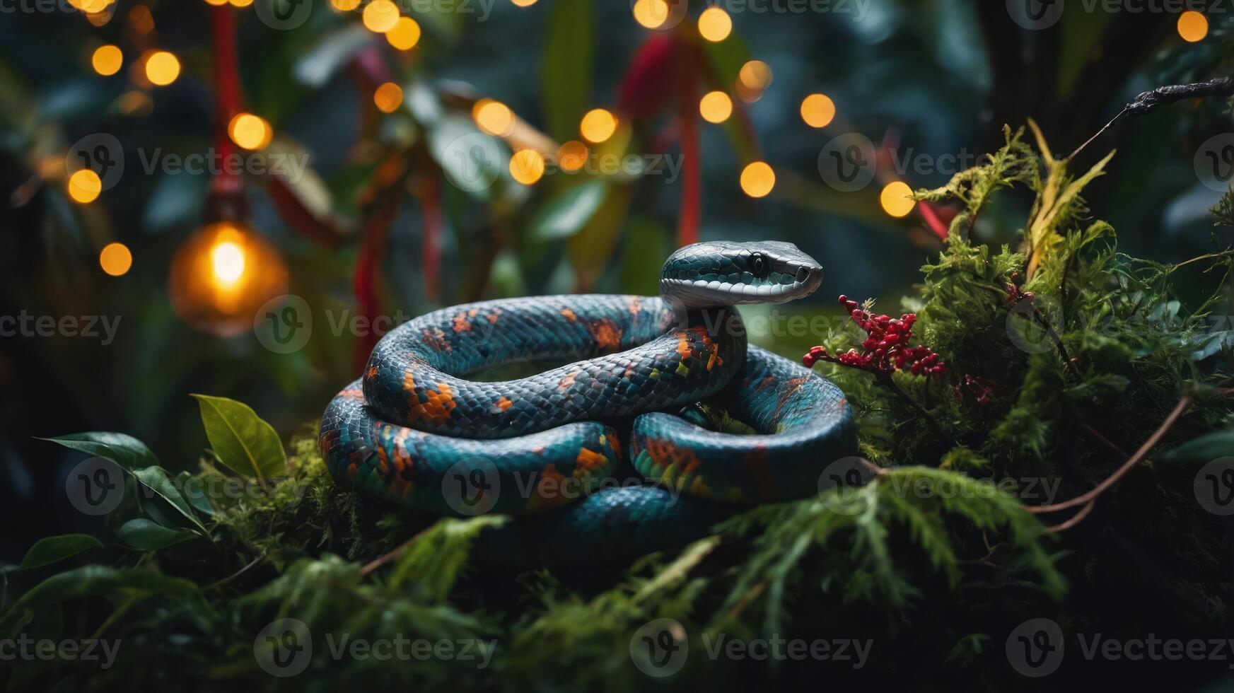 A colorful snake resting on lush greenery with soft lights in the background. photo