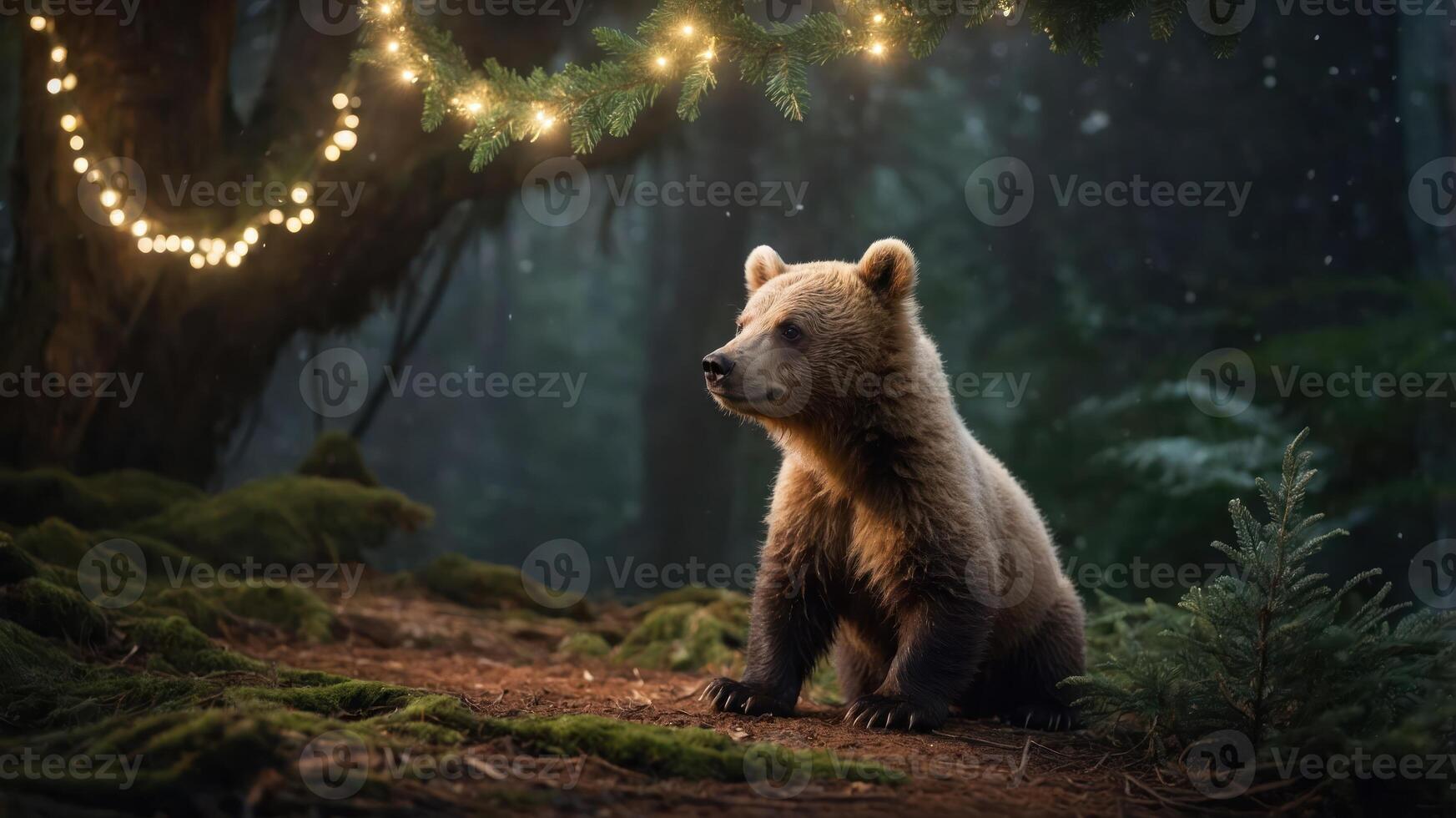 A young bear sits in a serene forest, illuminated by soft, twinkling lights. photo