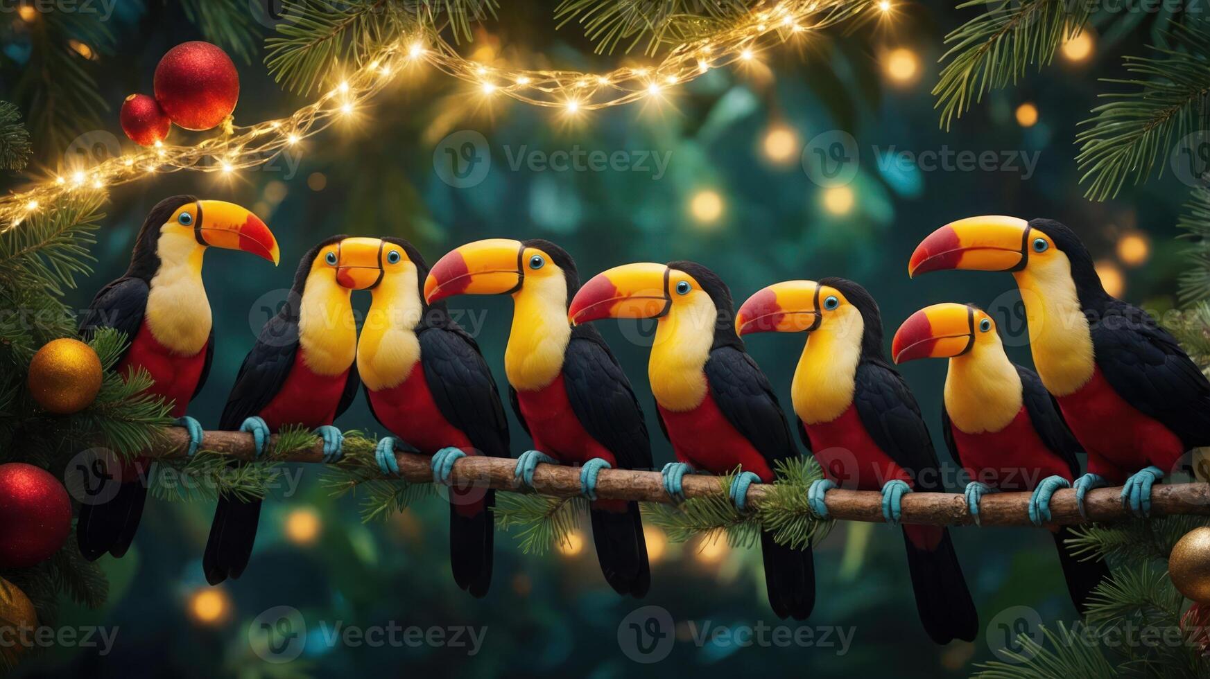 A festive scene featuring toucans perched on a branch with holiday decorations. photo