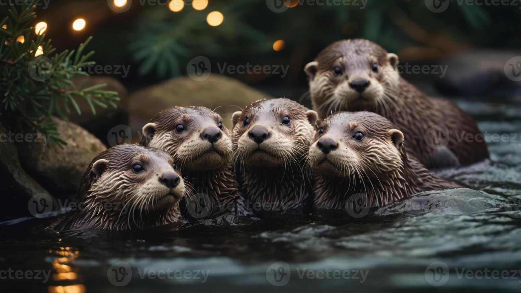 A group of otters playfully gathered in water, surrounded by greenery and soft lights. photo