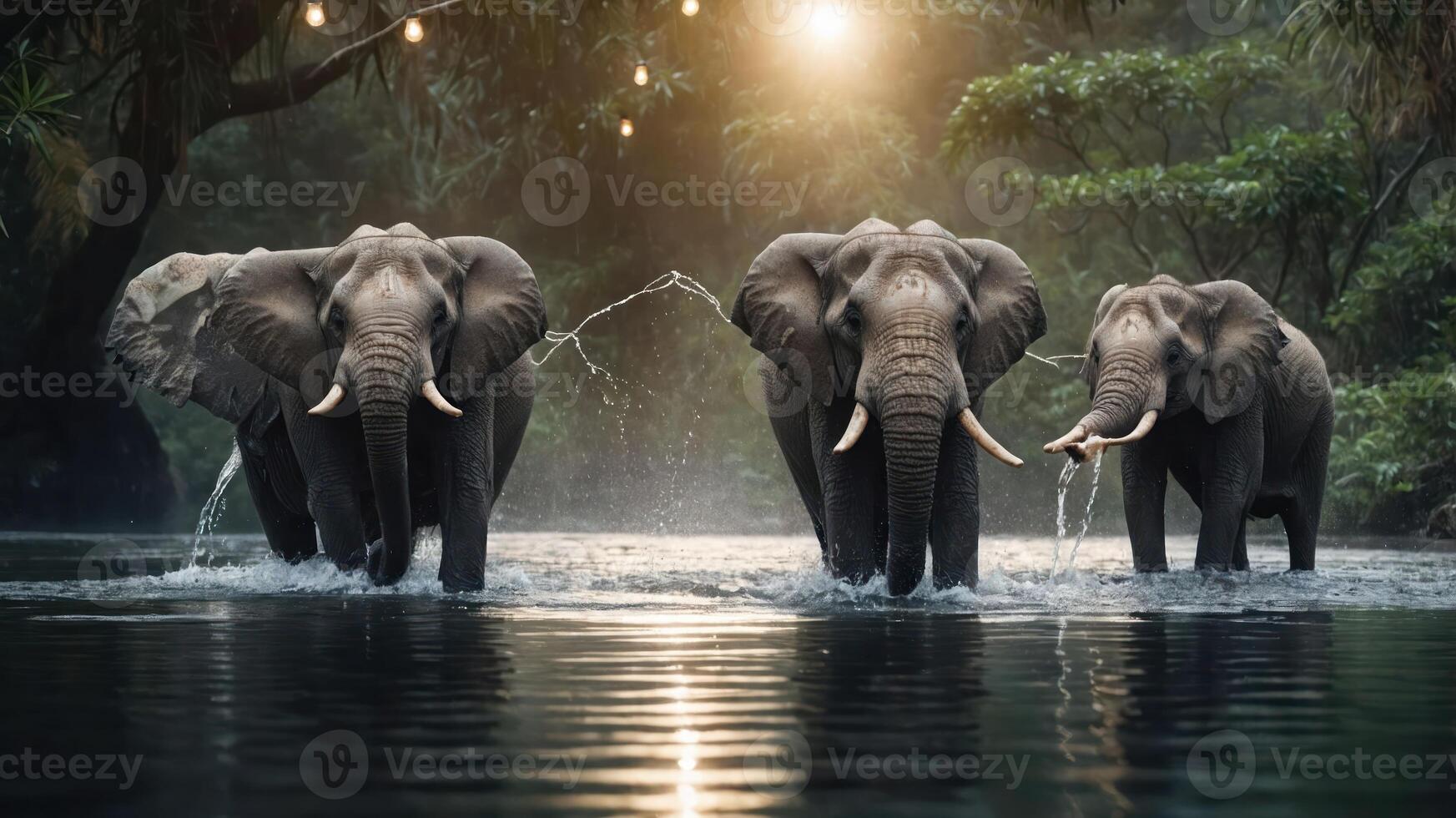 Three elephants playfully spraying water in a serene landscape at sunset. photo