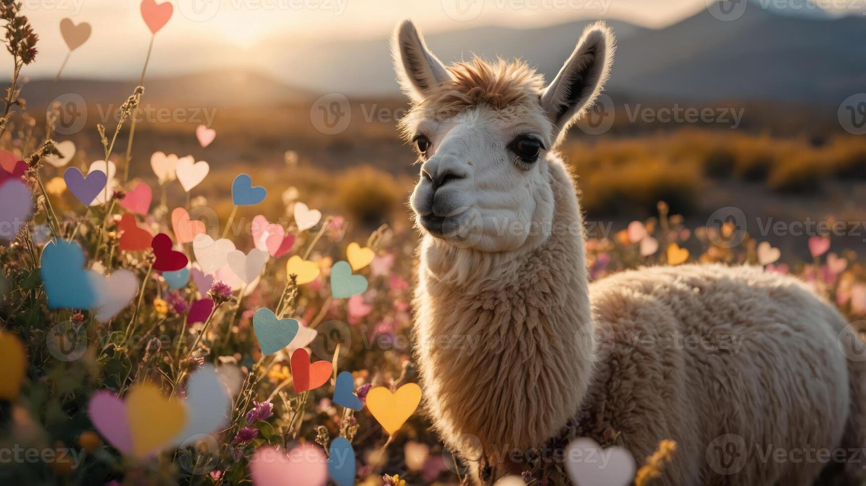 A llama surrounded by colorful heart-shaped decorations in a scenic landscape. photo