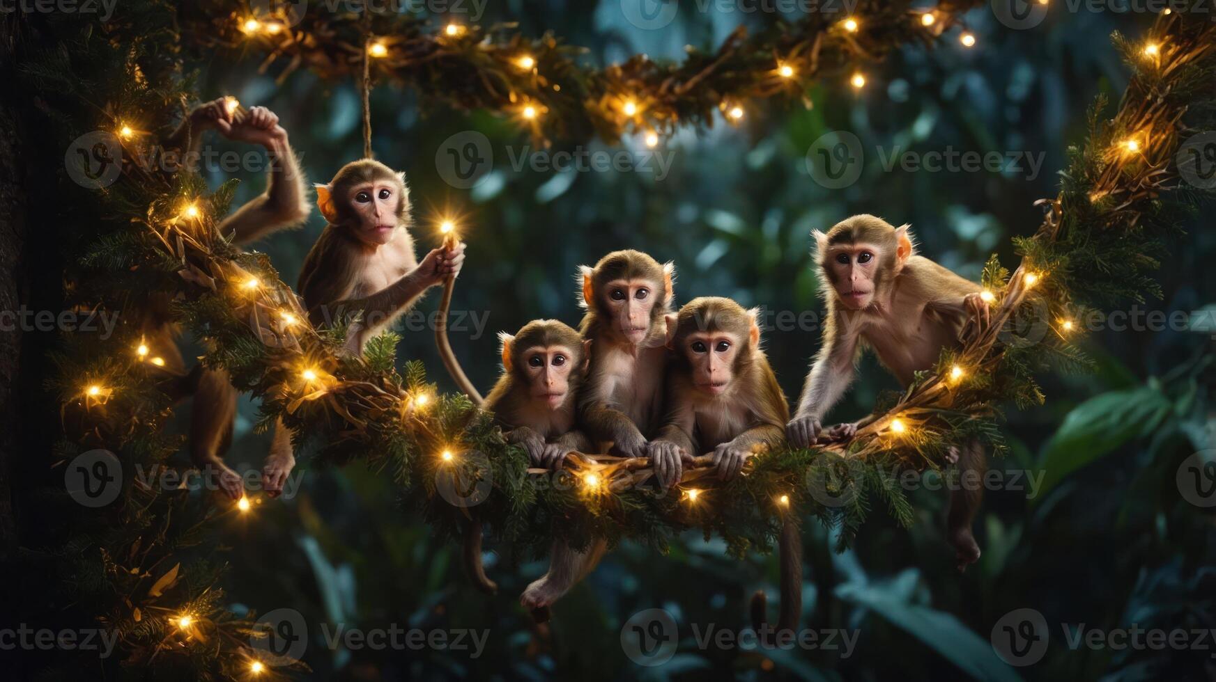 Five monkeys perched on a vine adorned with lights in a lush, green environment. photo