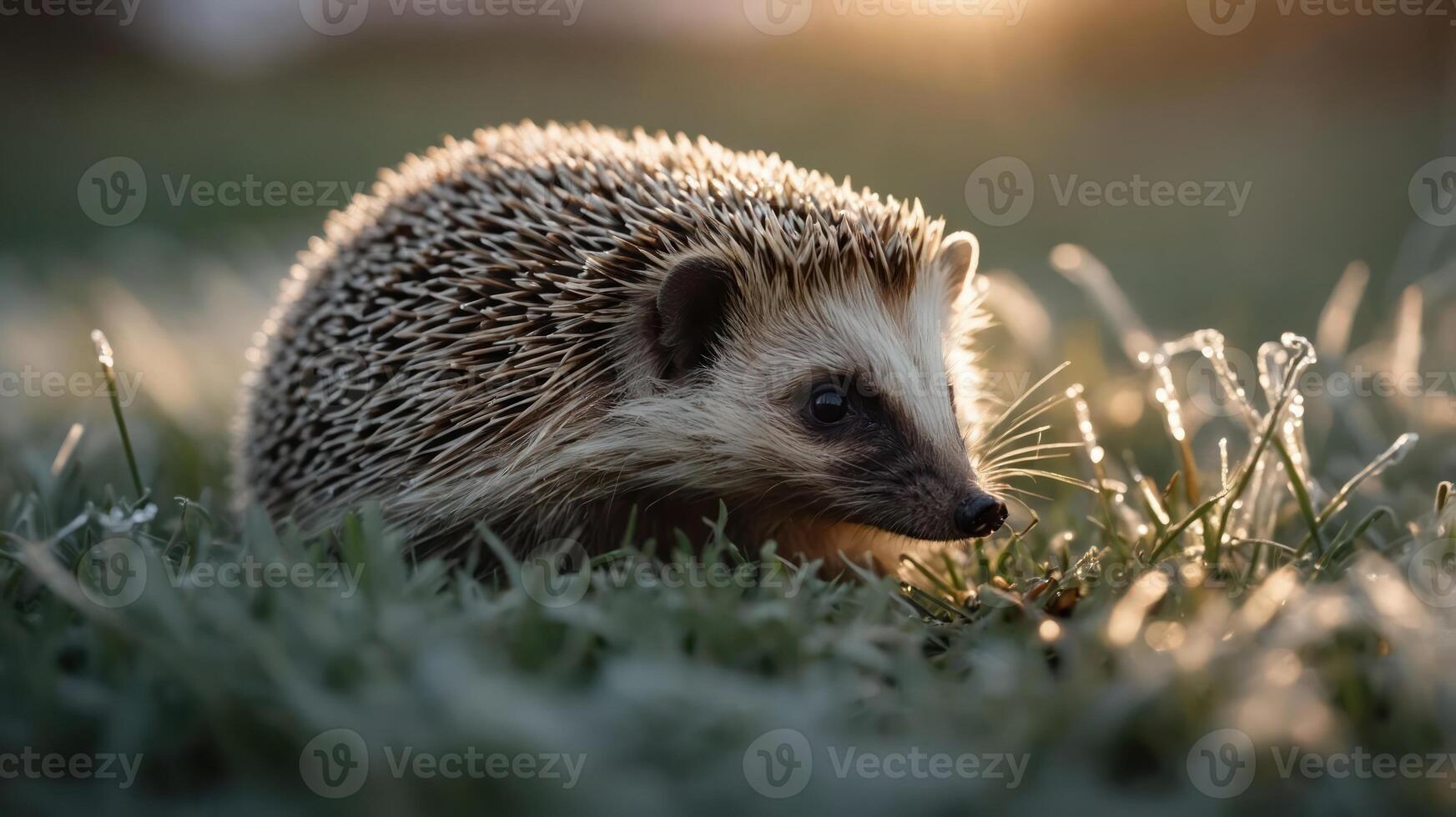A hedgehog foraging in a dewy grass field during golden hour. photo