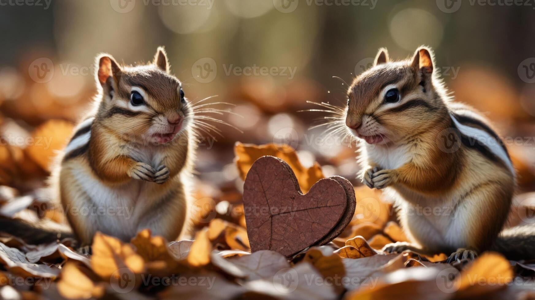 Two chipmunks beside a heart-shaped object on a bed of autumn leaves. photo