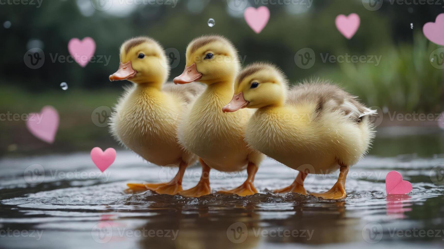 Three adorable ducklings wading through water with hearts in the background. photo