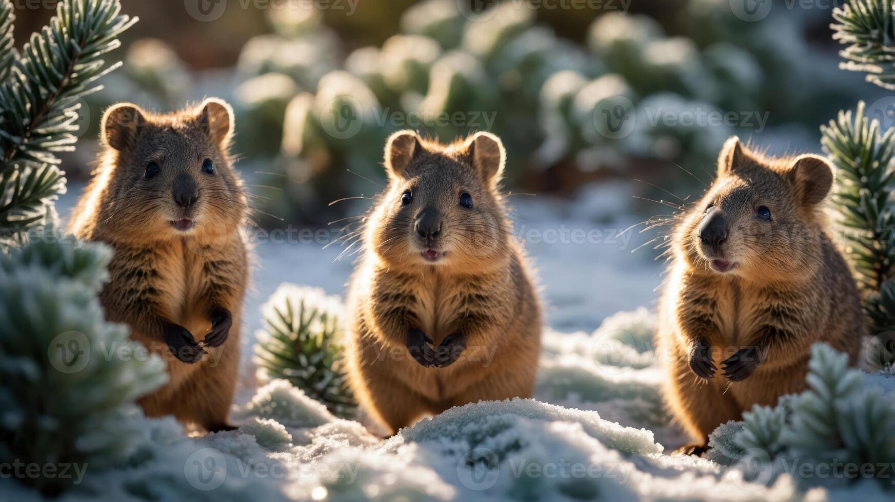 Three adorable animals in a snowy landscape, surrounded by greenery. photo