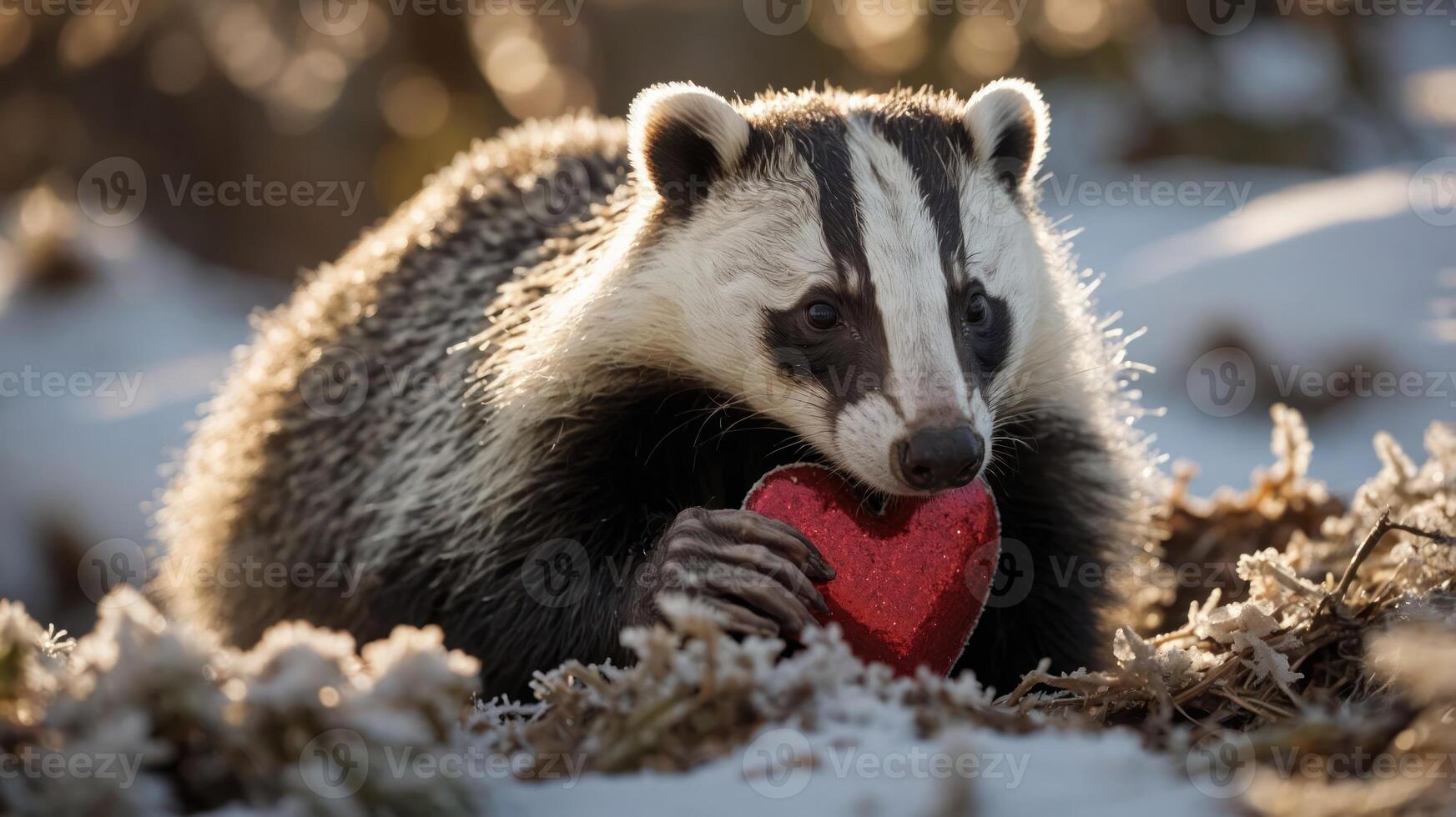 A badger holds a glittery red heart in a snowy landscape, evoking a playful, romantic vibe. photo