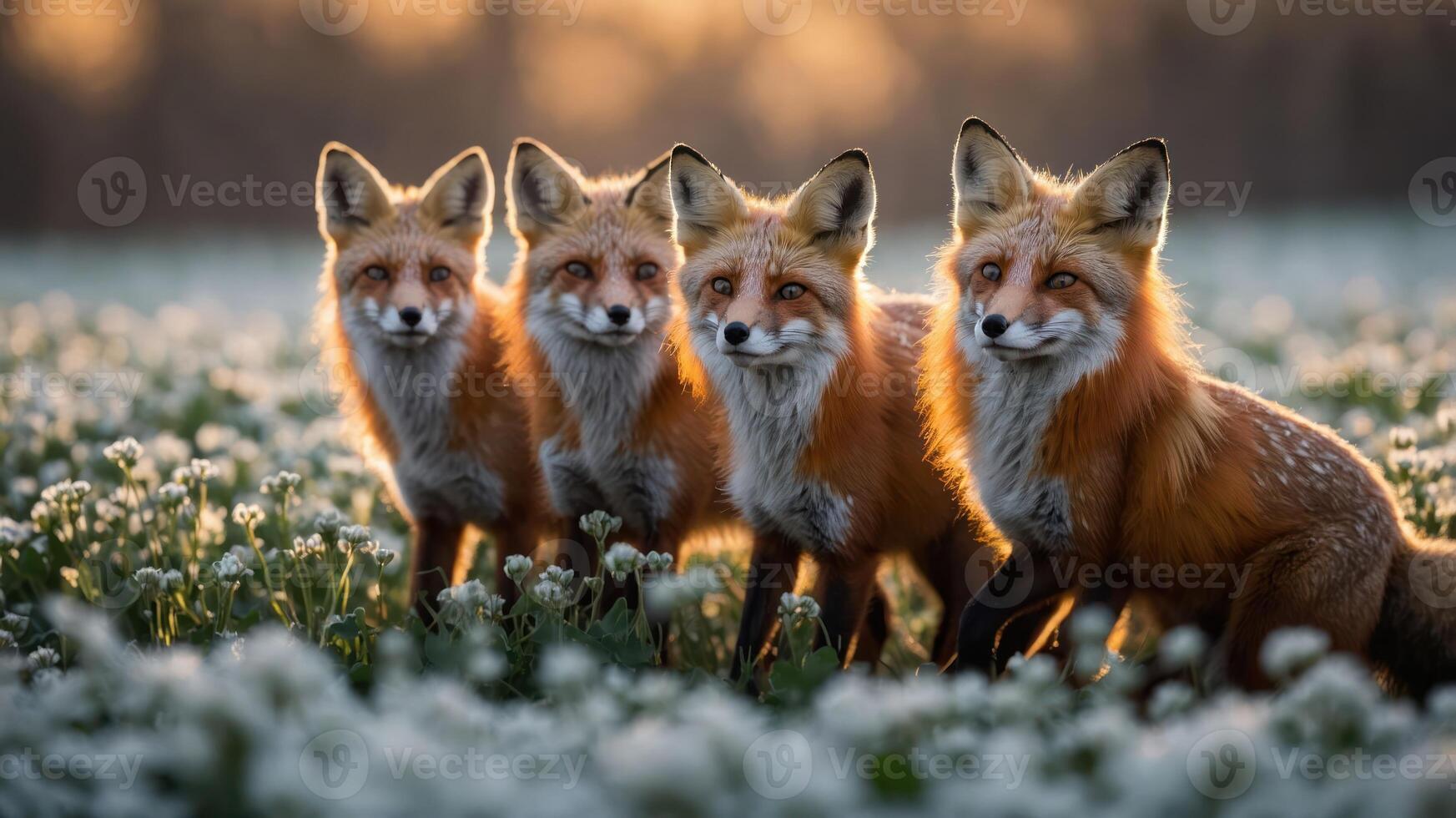 Four foxes sitting together in a field of flowers during sunset. photo