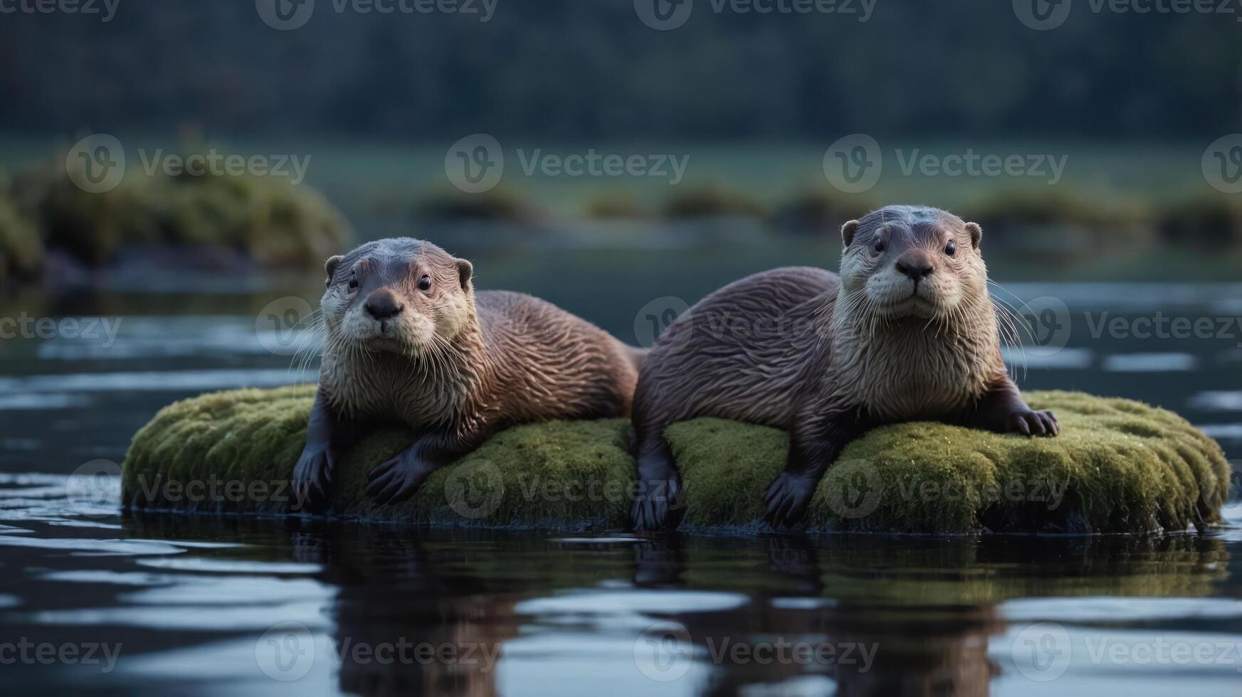 Two otters resting on a mossy rock in a serene water setting. photo