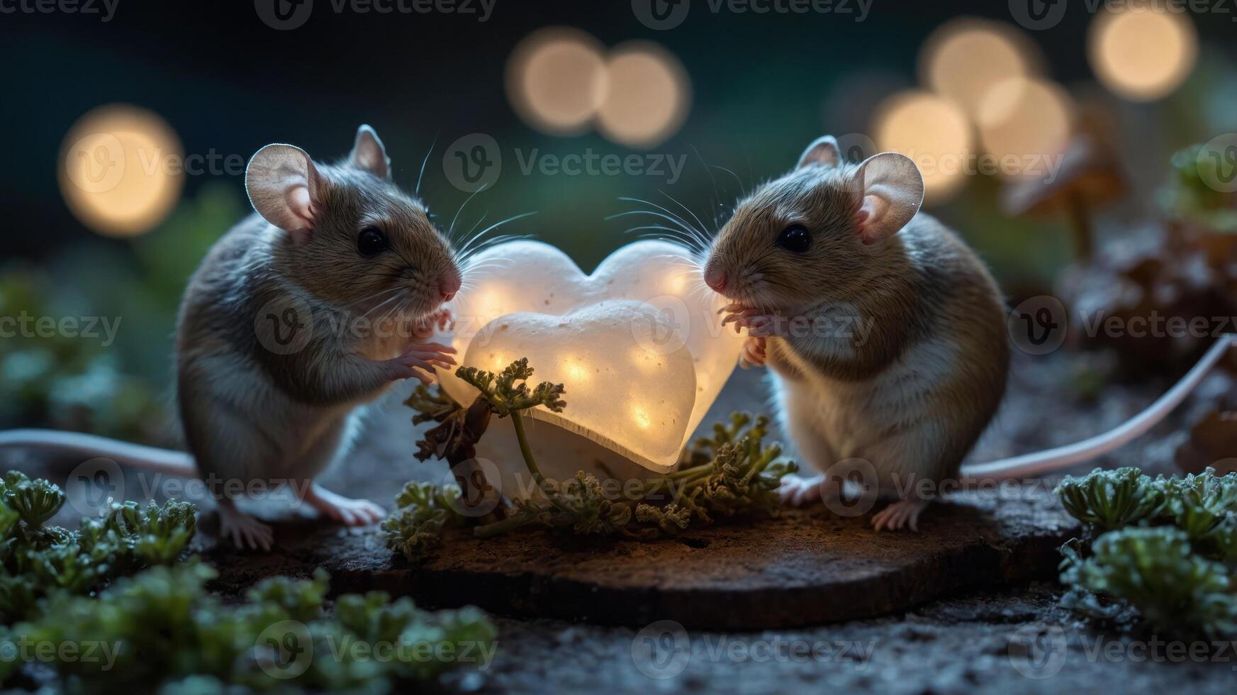 Two mice holding a glowing heart-shaped object surrounded by greenery and soft lights. photo