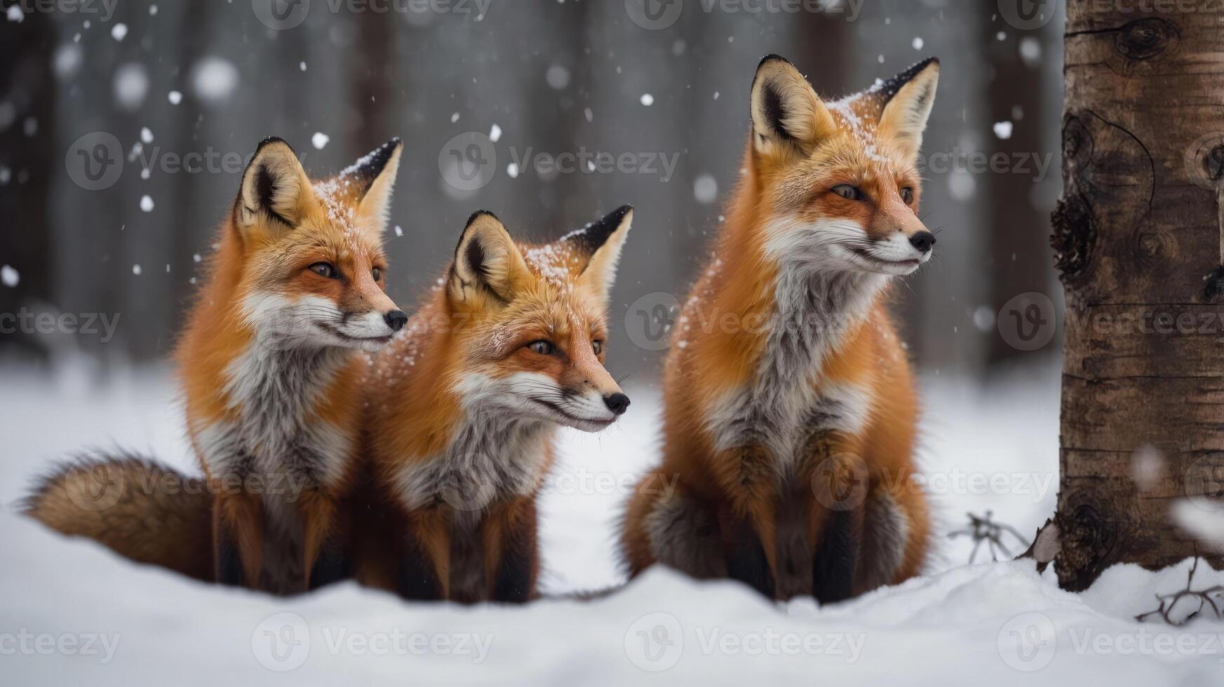 Three red foxes sitting in the snow, surrounded by a serene winter forest. photo