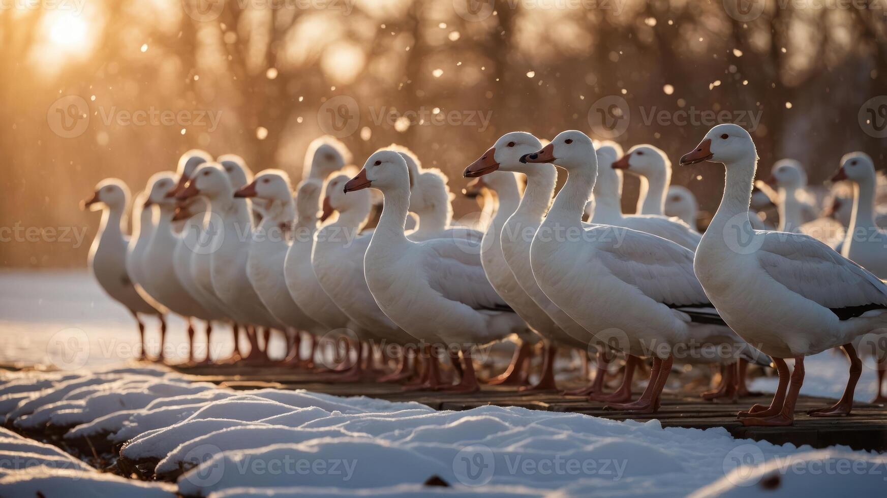 A group of white geese standing in snow during sunset, creating a serene winter scene. photo
