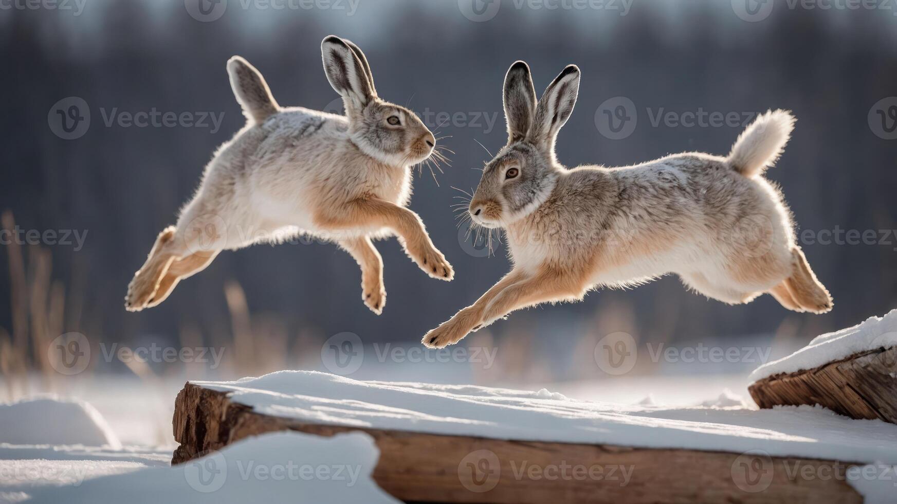 Two rabbits leaping joyfully in a snowy landscape during winter. photo