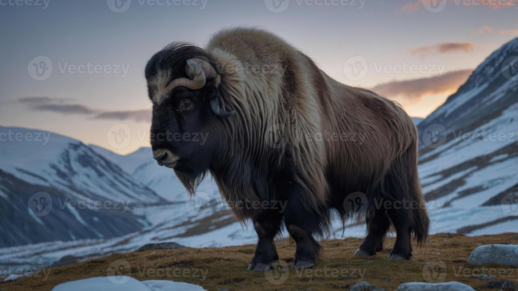 A majestic musk ox stands on a grassy patch with snowy mountains in the background at sunset. photo