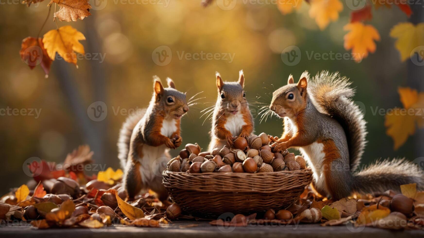 Three squirrels gathered around a basket of nuts in a colorful autumn setting. photo