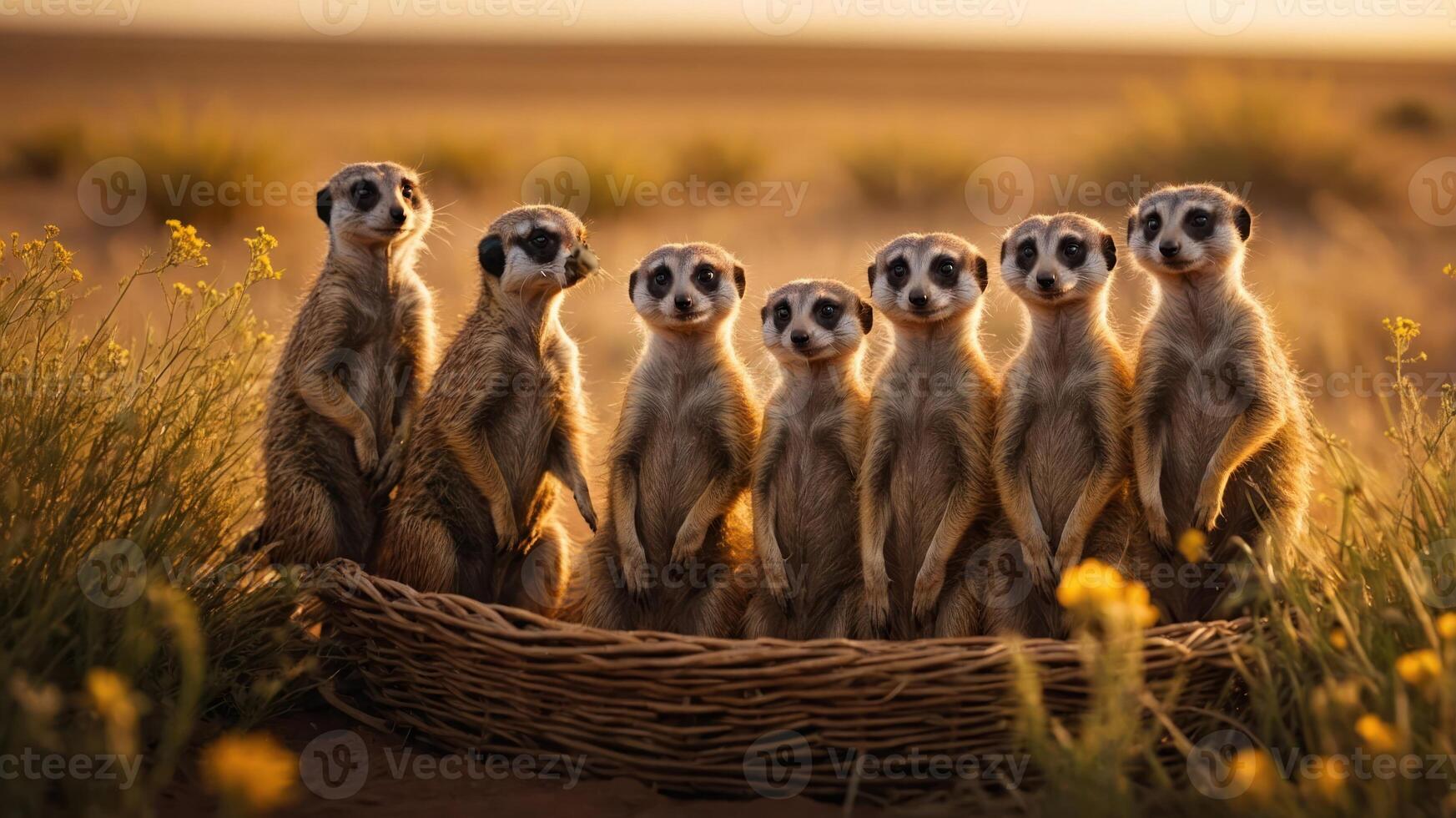 A group of meerkats standing together in a natural setting during golden hour. photo