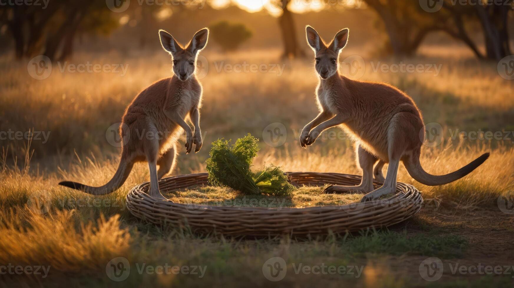 Two kangaroos playfully interacting in a sunlit grassland. photo