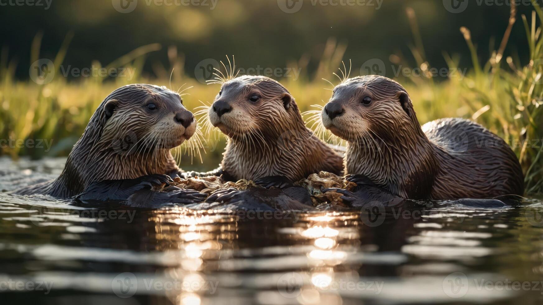 Three playful otters resting on the water's surface, surrounded by lush greenery. photo