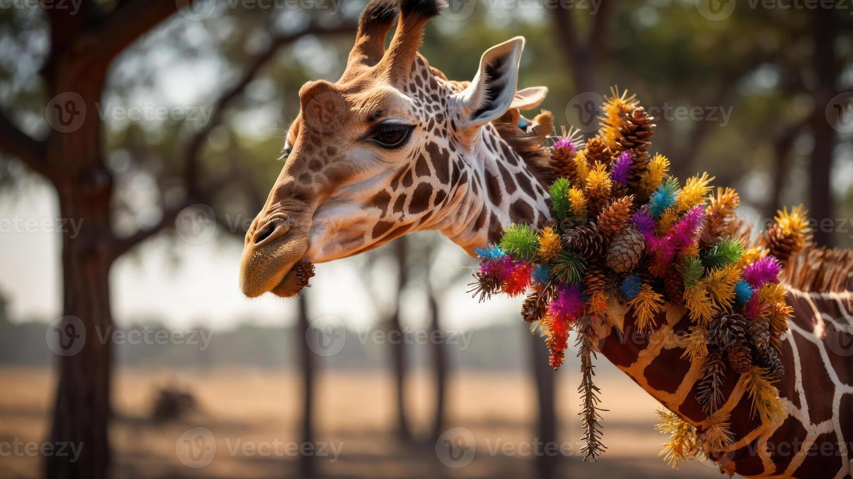 A giraffe adorned with colorful decorations stands in a natural setting. photo