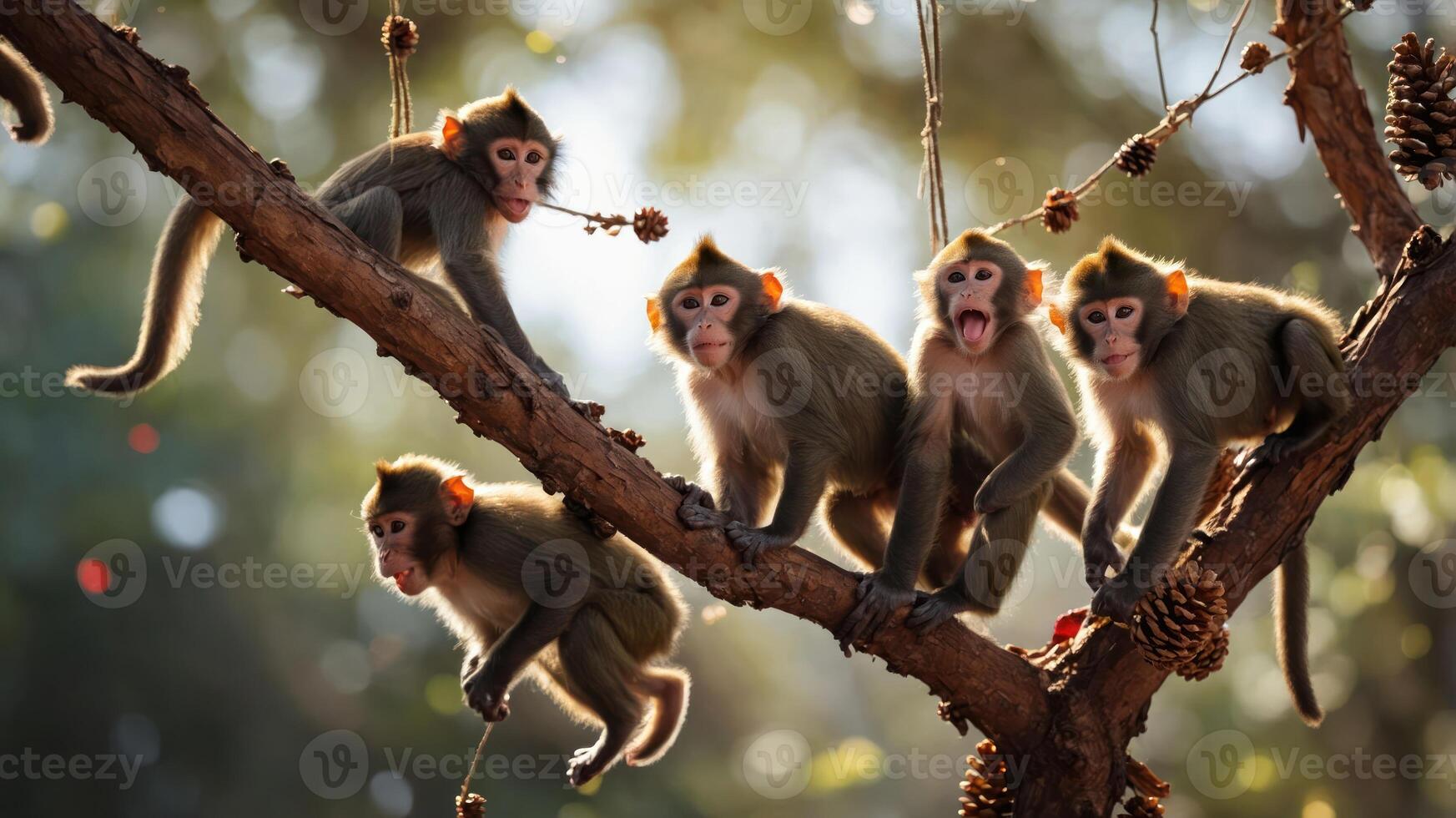 A playful group of monkeys perched on a branch, interacting in a natural setting. photo