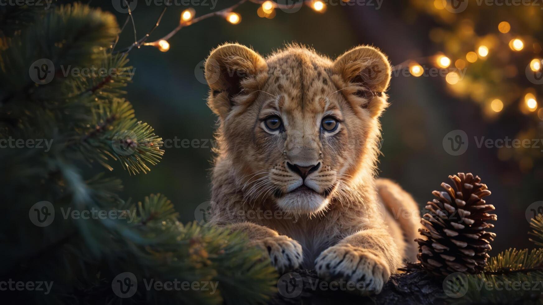 A young lion cub resting among pine branches and holiday lights. photo