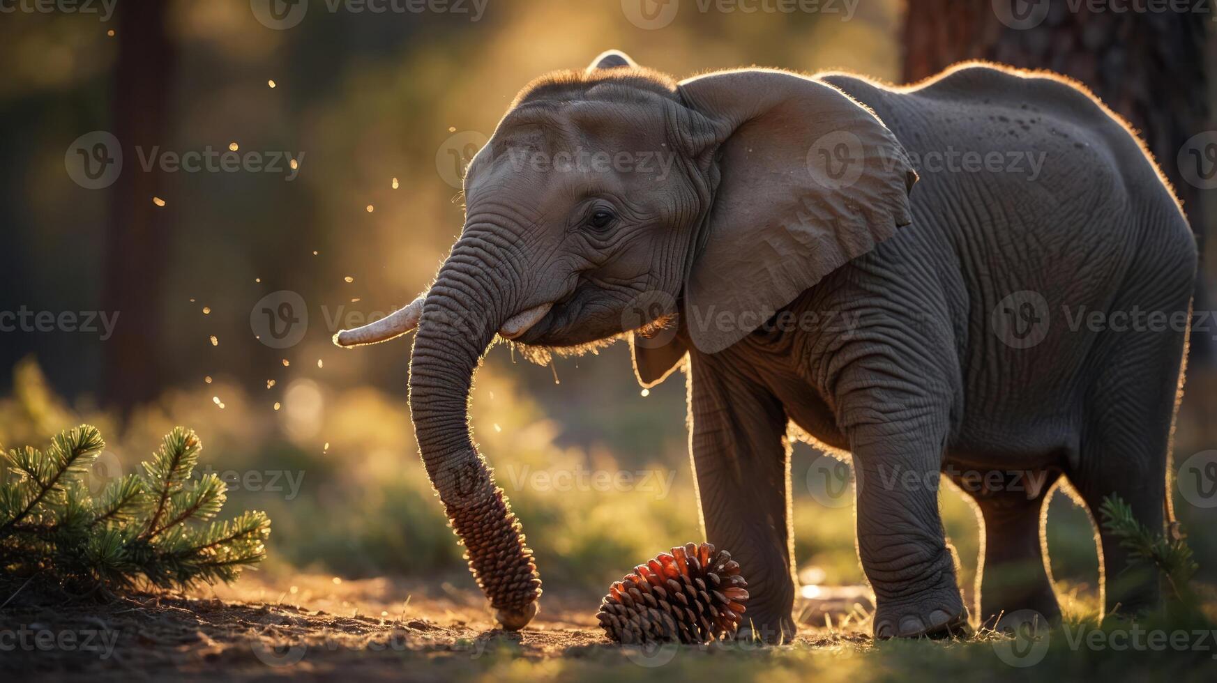 A young elephant interacts with a pine cone in a sunlit forest setting. photo