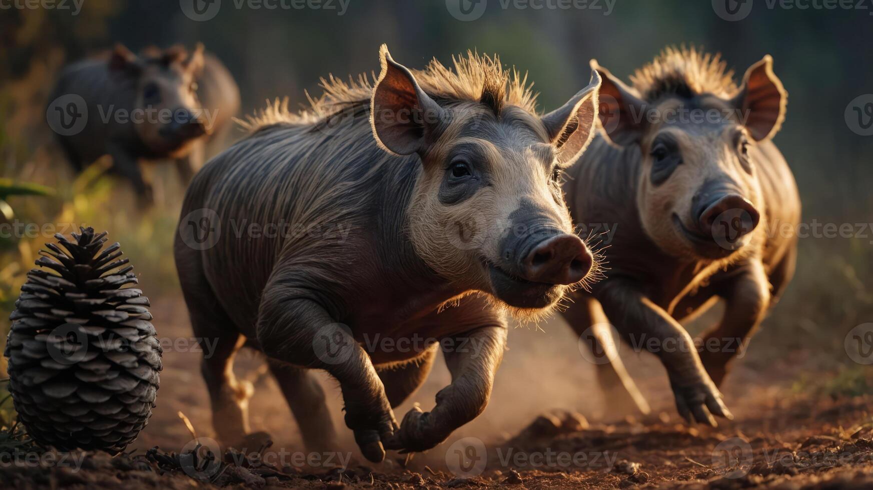 Three wild boars running playfully in a forest setting with a pinecone nearby. photo