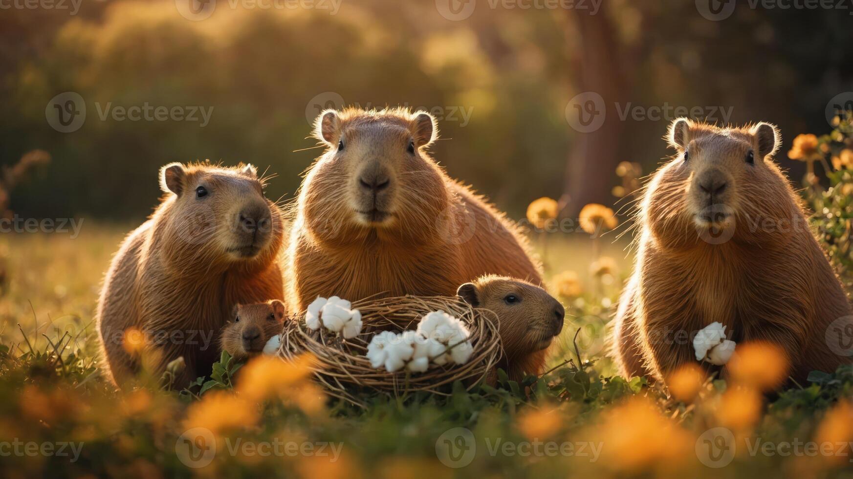 A group of capybaras gathered in a field with a basket of cotton flowers. photo