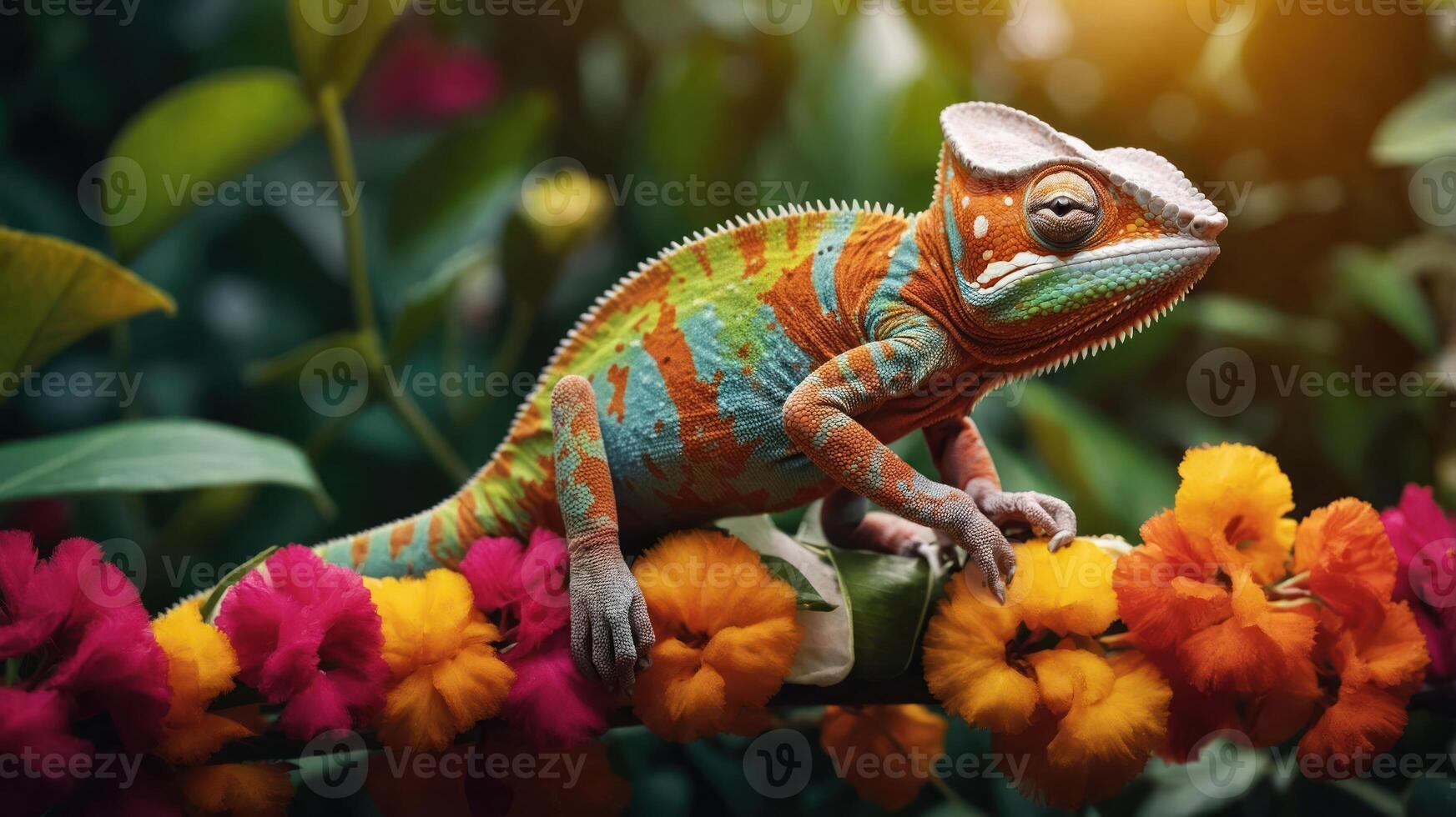 A vibrant chameleon perched on a colorful floral branch in a lush environment. photo