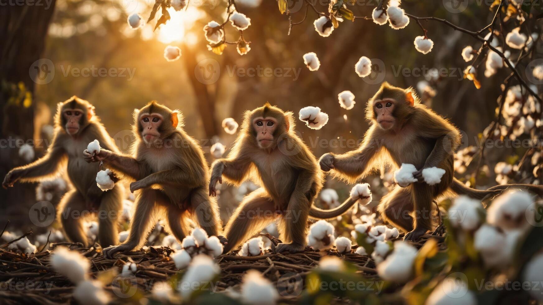 Four monkeys playfully interacting with cotton in a sunlit forest setting. photo