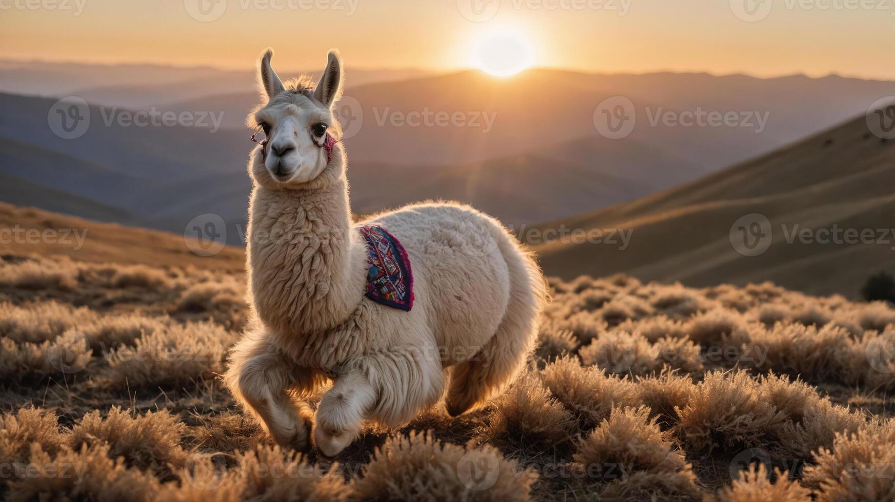 A llama runs through a grassy landscape at sunset, showcasing nature's beauty. photo