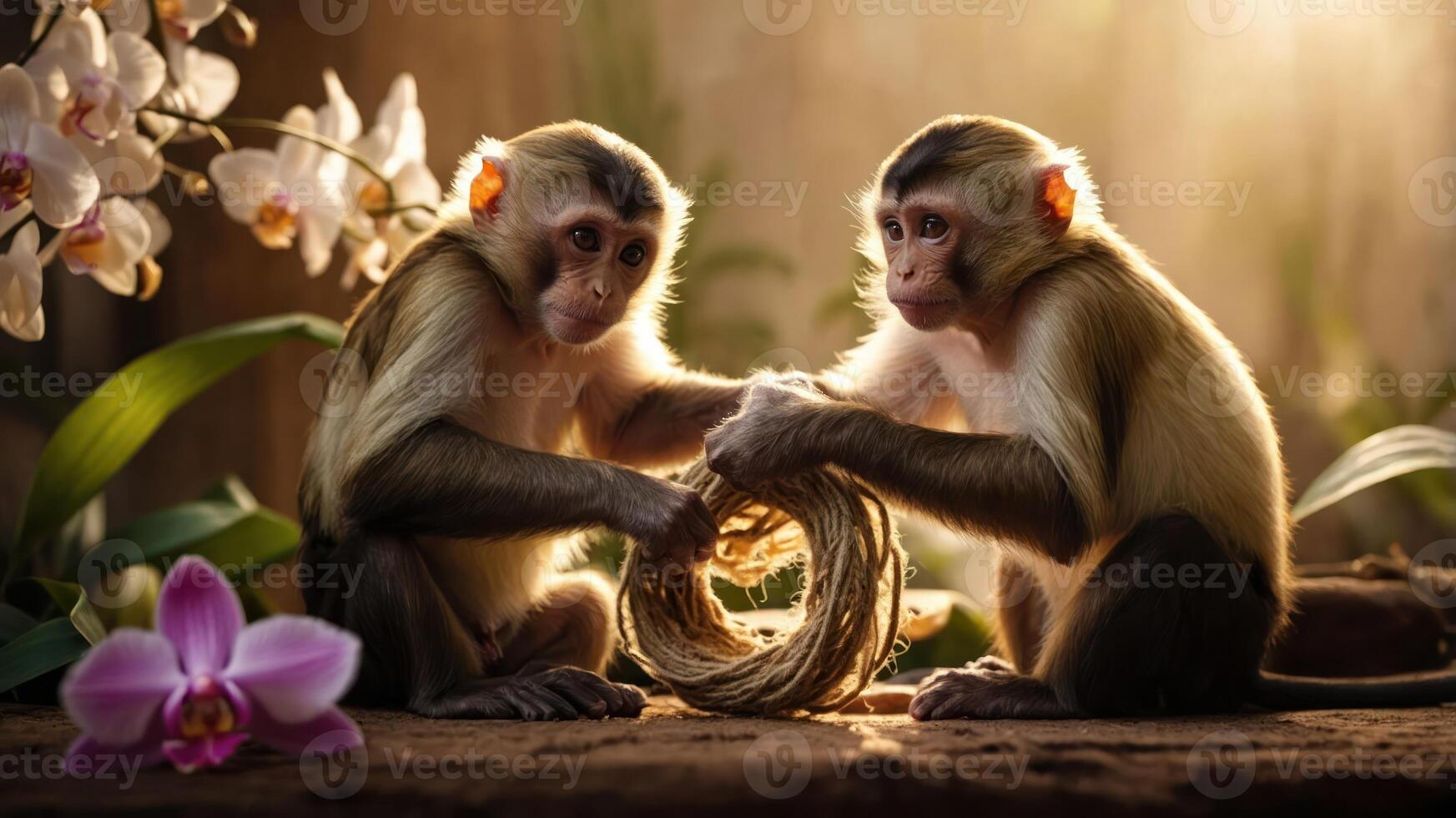 Two monkeys interacting with a nest-like object amidst a serene natural setting. photo
