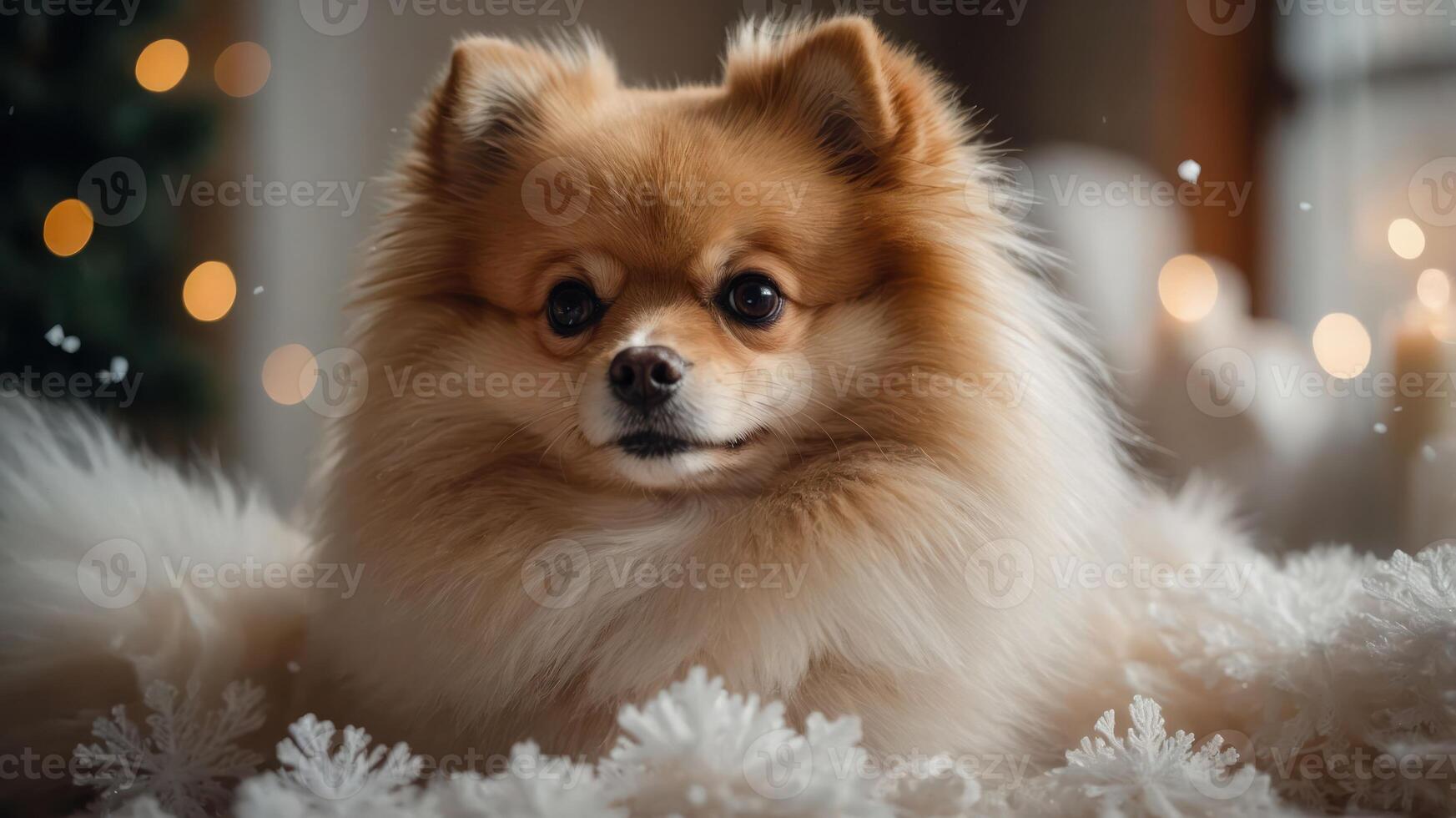 A fluffy Pomeranian dog sitting on a decorative surface with soft lighting and holiday ambiance. photo