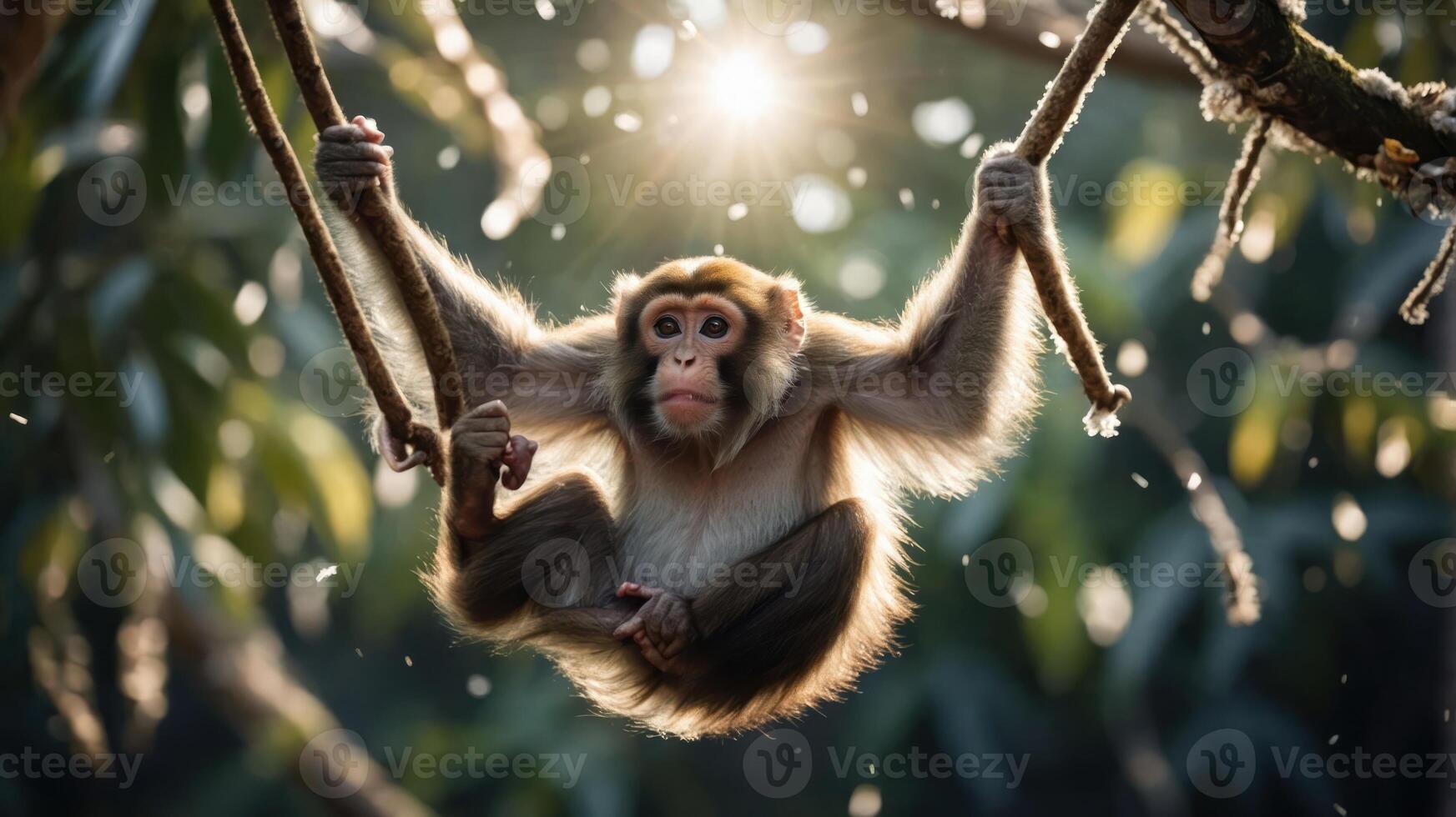 A monkey hanging from branches with sunlight filtering through the trees. photo