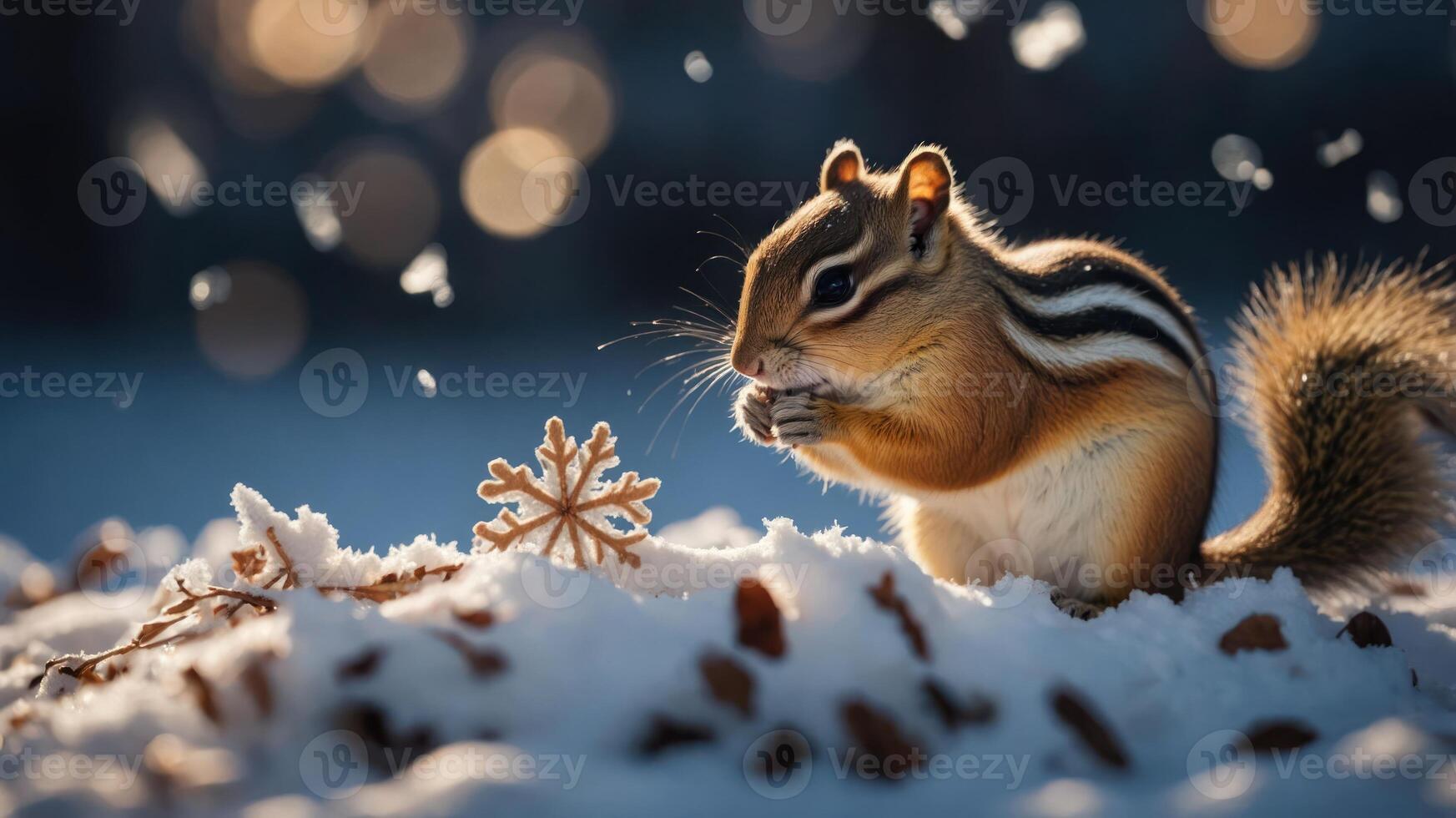 A chipmunk enjoying a snack in a snowy landscape with falling snowflakes. photo