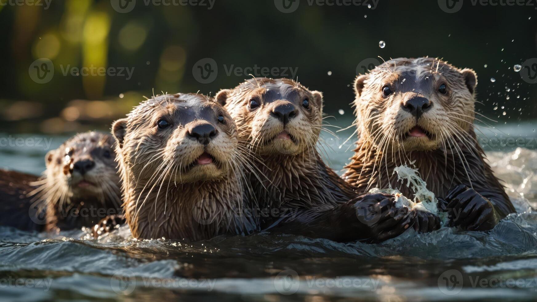 A group of playful otters swimming together in a serene water setting. photo