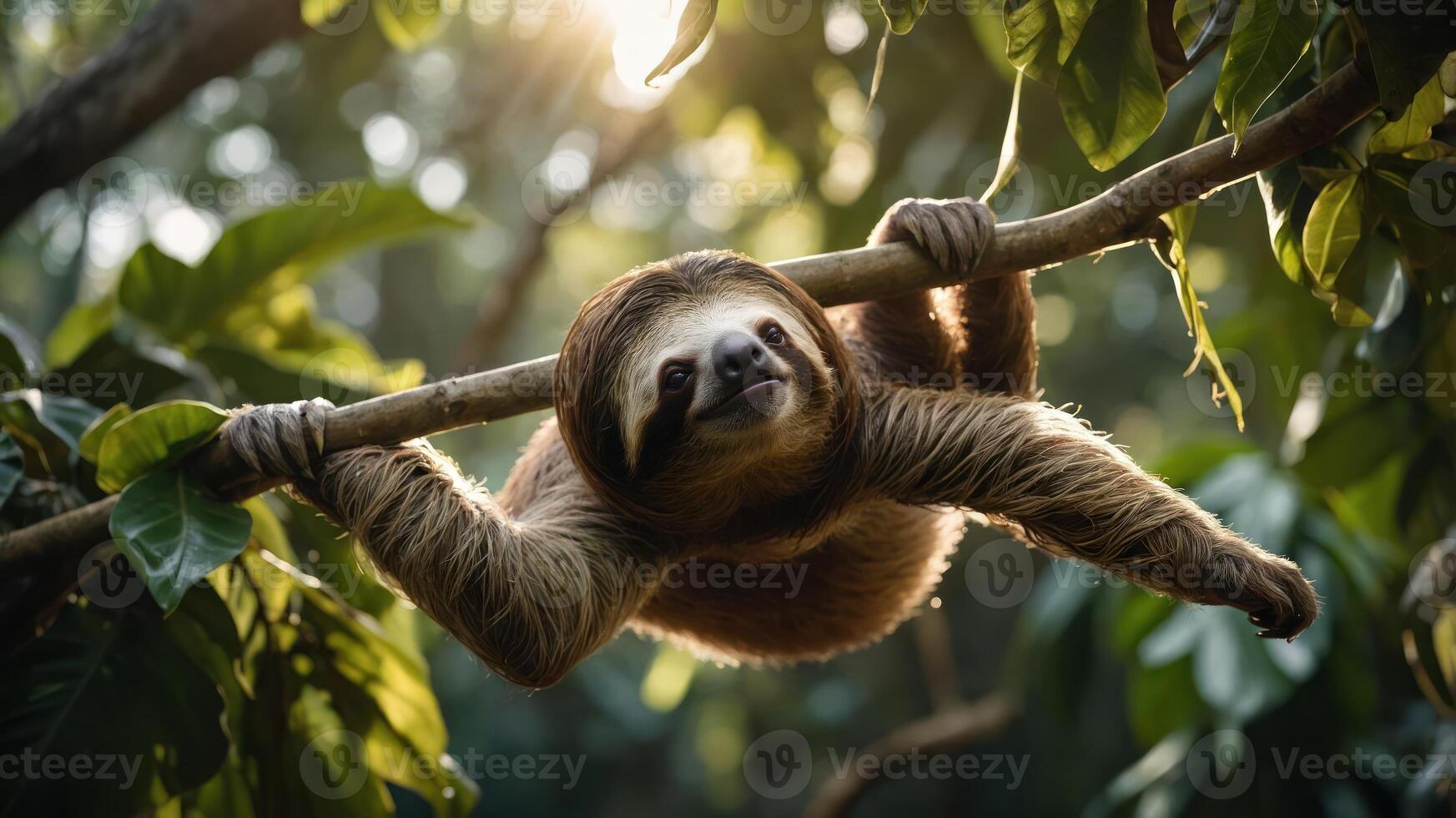 A sloth hanging from a branch in a lush, green environment, illuminated by sunlight. photo