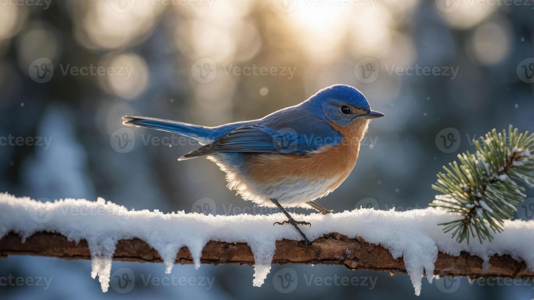 A bluebird perched on a snowy branch, surrounded by a serene winter landscape. photo