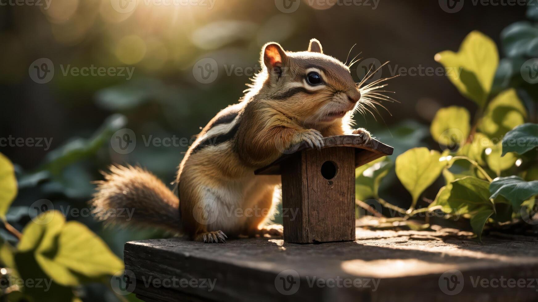 A chipmunk curiously perched on a small birdhouse amidst greenery. photo