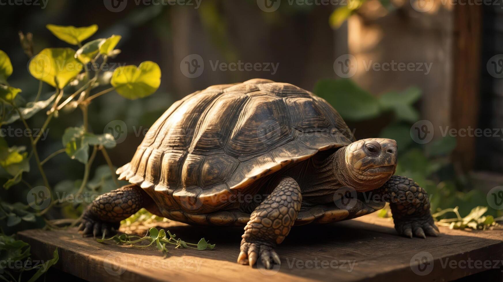 A tortoise resting on a wooden surface surrounded by greenery. photo