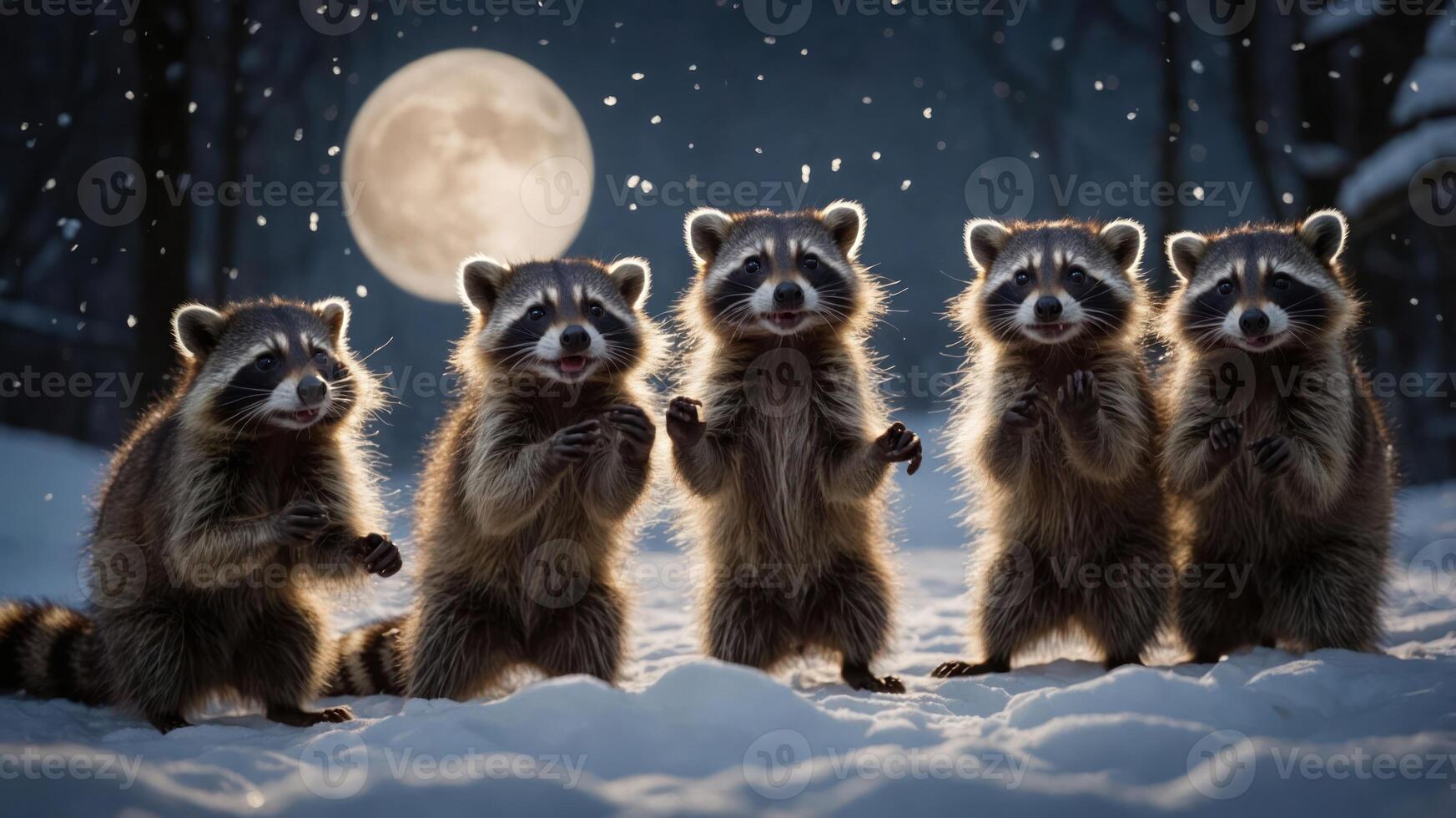 Five raccoons play in the snow under a full moon, creating a whimsical winter scene. photo
