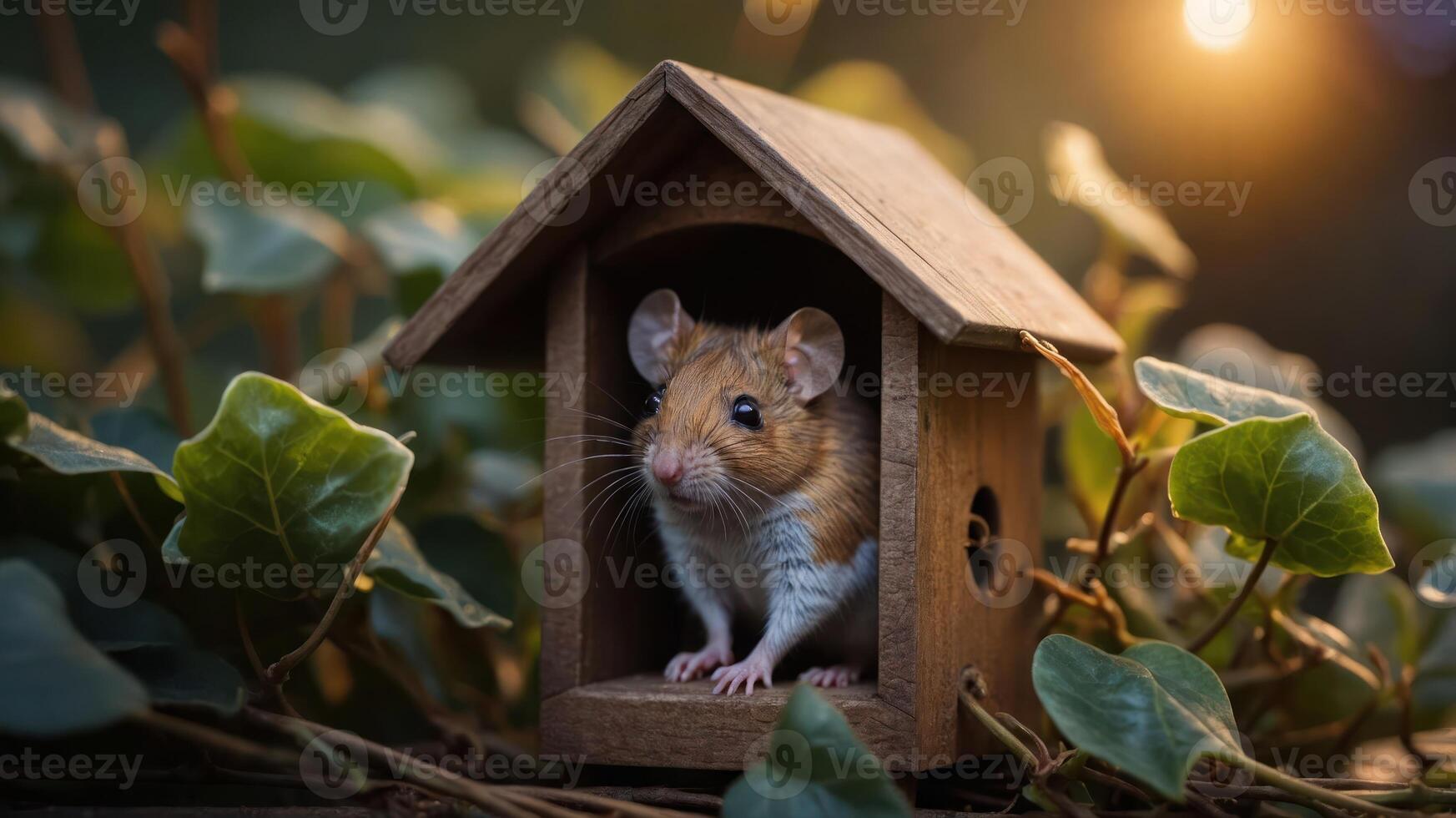 A cute mouse peeks out from a wooden house surrounded by green leaves. photo